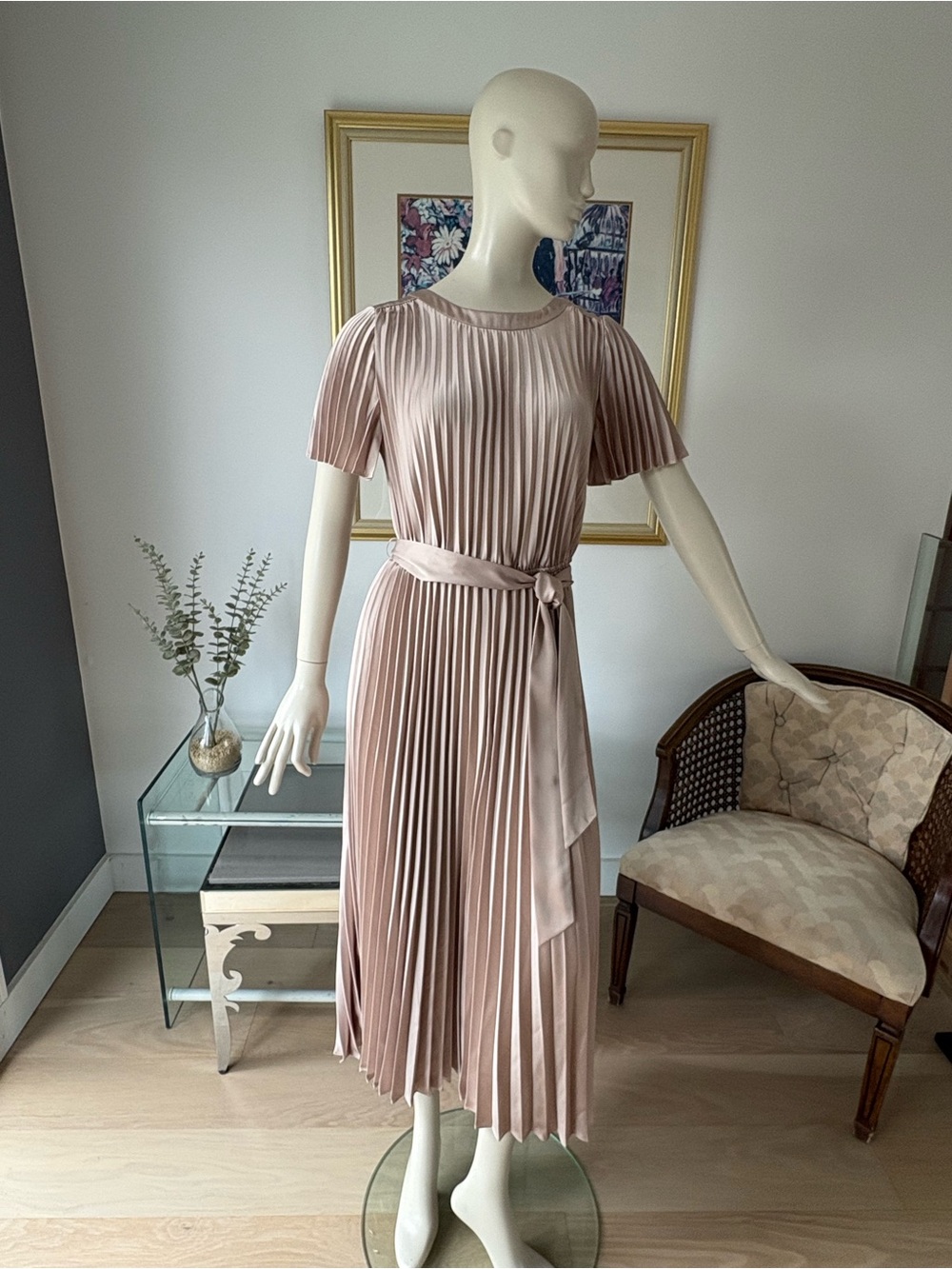 Joseph Ribkoff Pleated Midi Dress in Dusty Pink with Waist Tie